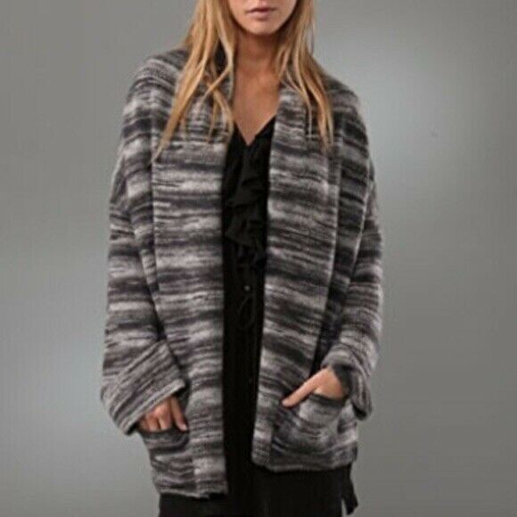 Joie Maisy Grey Space Dyed Striped Drape Front Cardigan Wool Blend - Picture 1 of 6